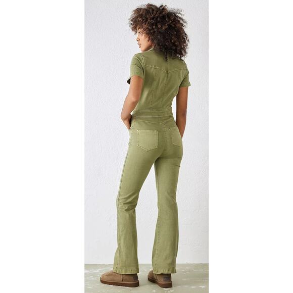 Urban Outfitters Emma Denim Flared Jumpsuit Women S Olive Green Utility Stretch - Picture 2 of 12